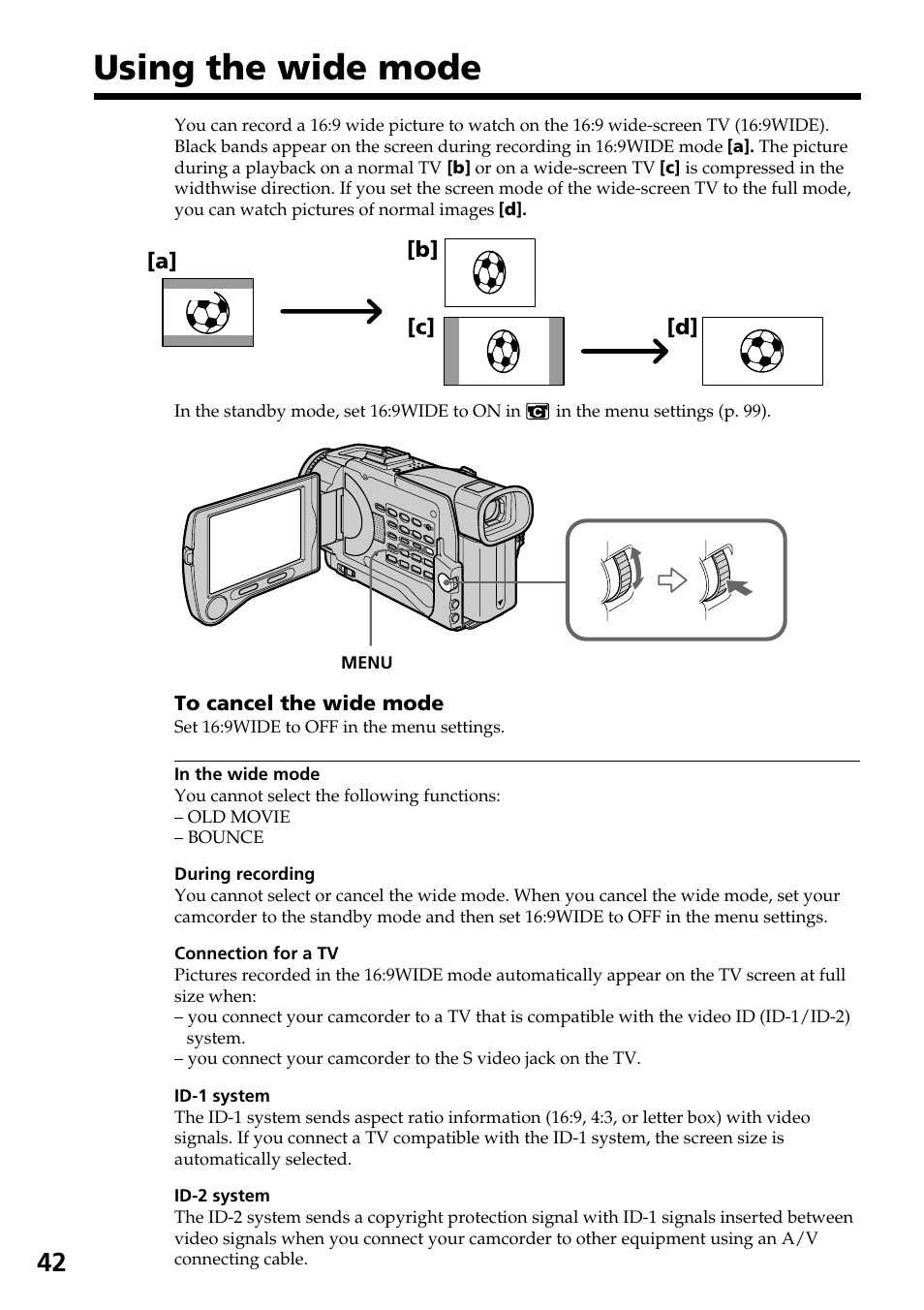 Using the wide mode | Sony DCR-TRV30 User Manual | Page 42 / 188