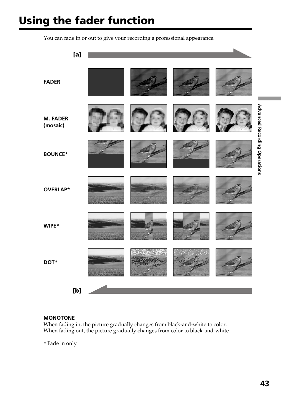 Using the fader function | Sony DCR-TRV30 User Manual | Page 43 / 188