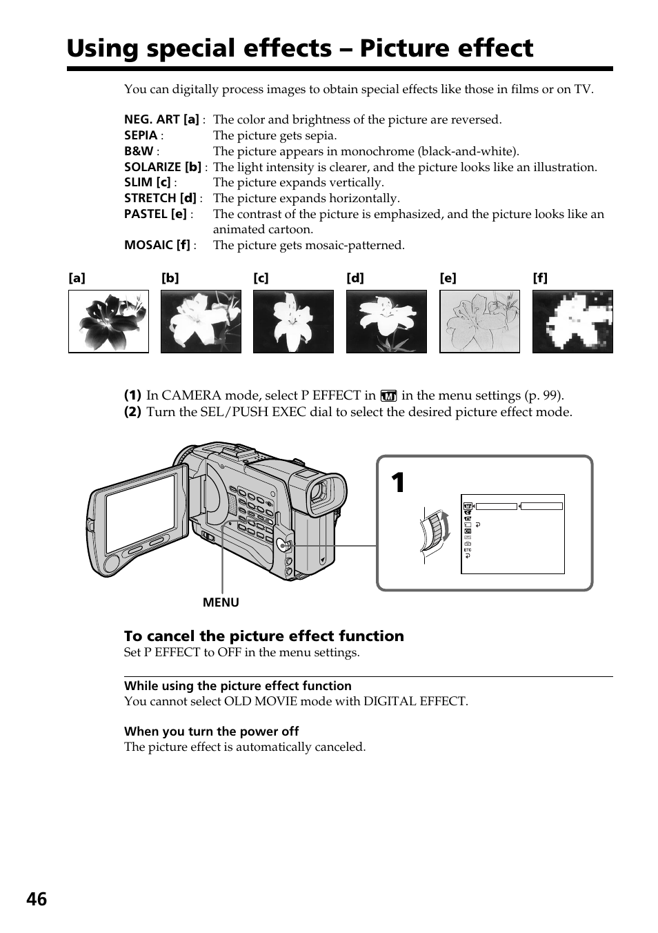 Using special effects – picture effect, A] [b] [c] [d] [e] [f, Menu | Sony DCR-TRV30 User Manual | Page 46 / 188