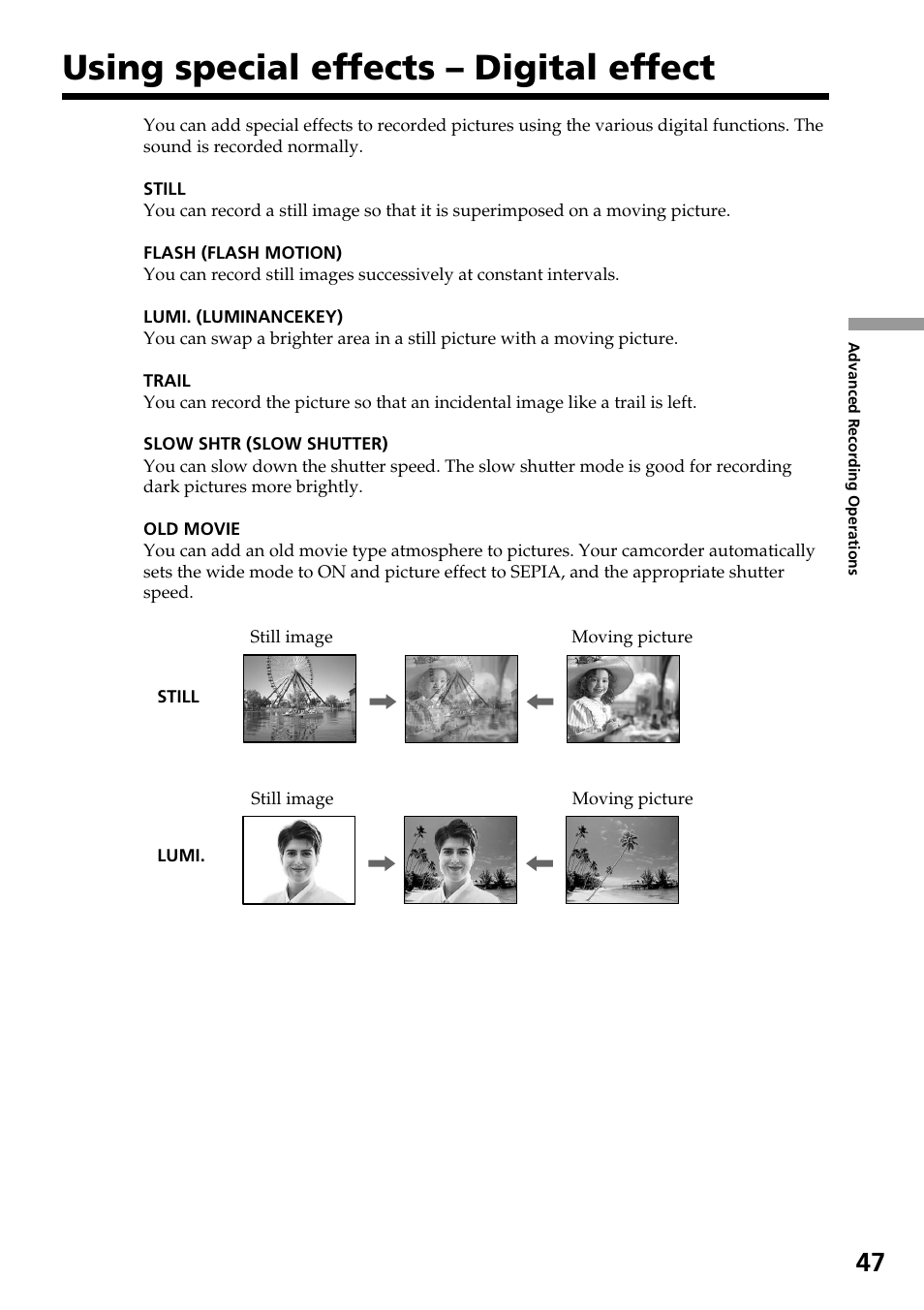 Using special effects – digital effect | Sony DCR-TRV30 User Manual | Page 47 / 188