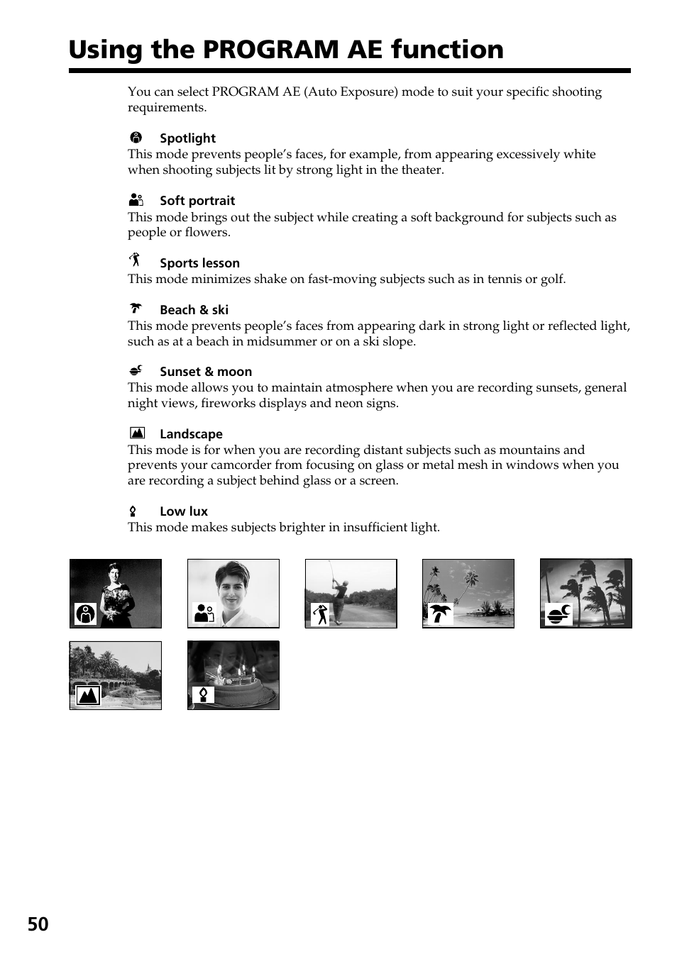 Using the program ae function | Sony DCR-TRV30 User Manual | Page 50 / 188