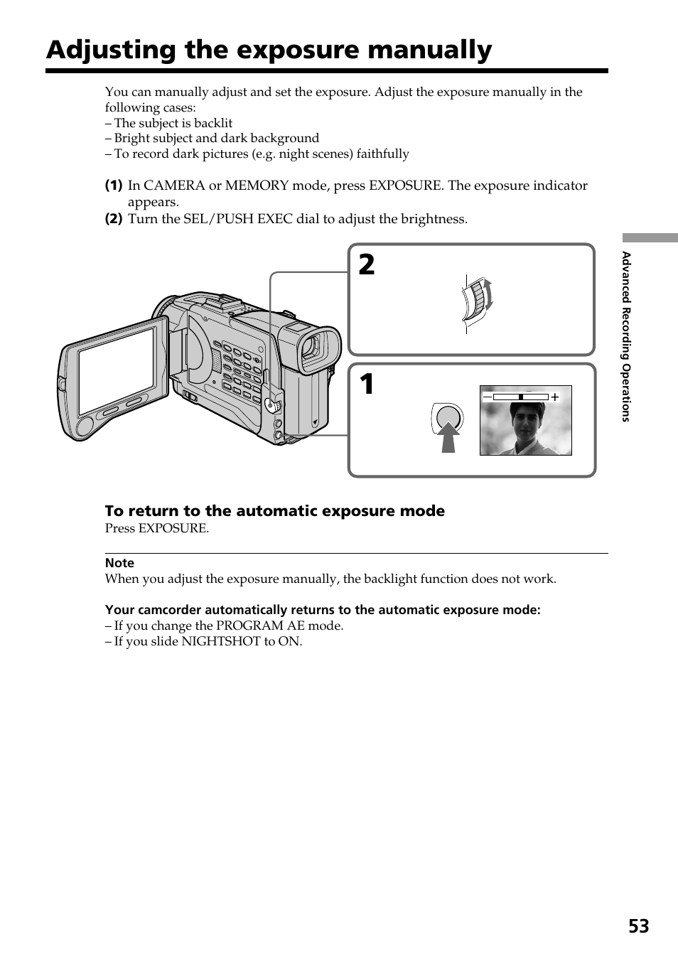 Adjusting the exposure manually | Sony DCR-TRV30 User Manual | Page 53 / 188