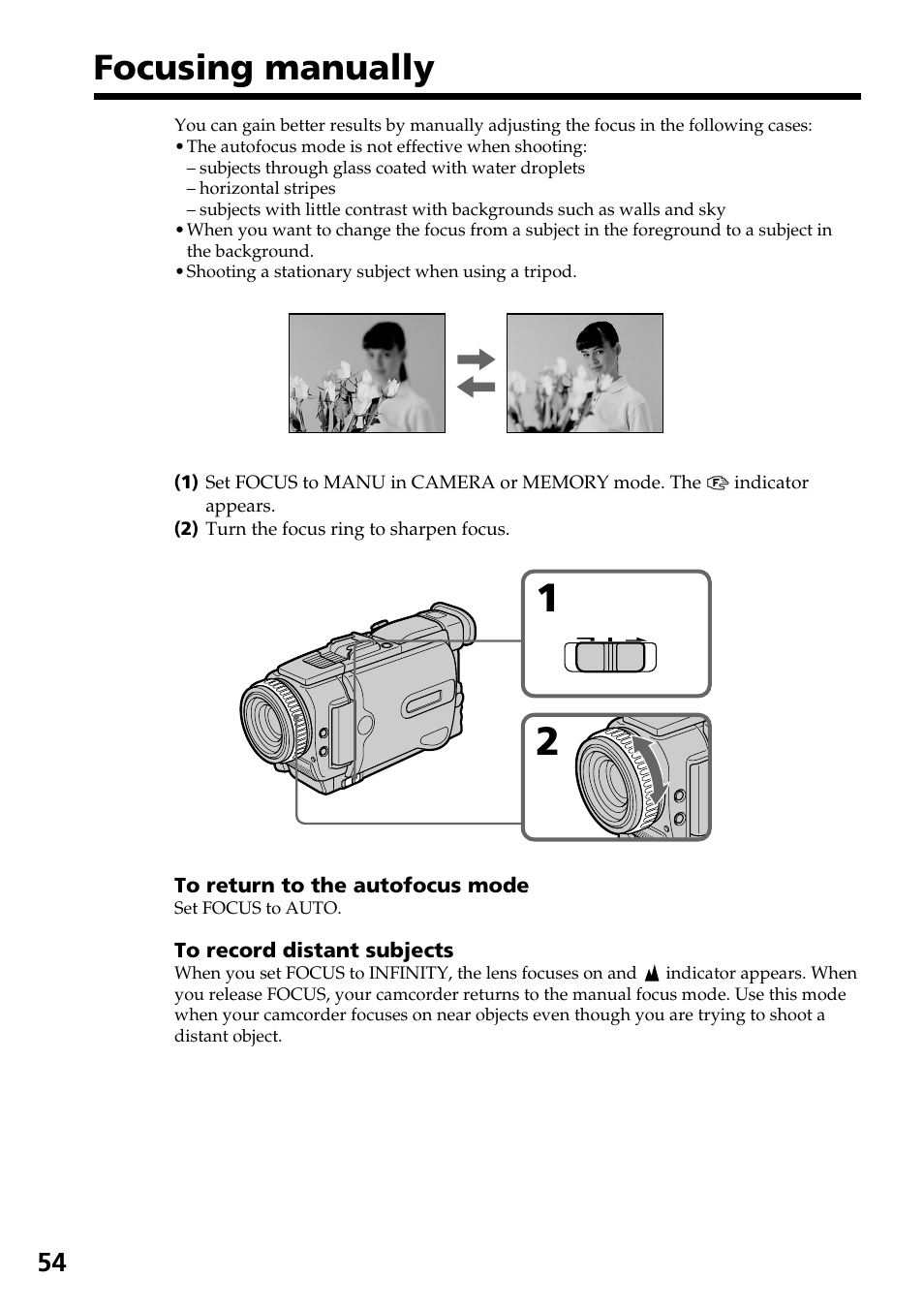 Focusing manually | Sony DCR-TRV30 User Manual | Page 54 / 188