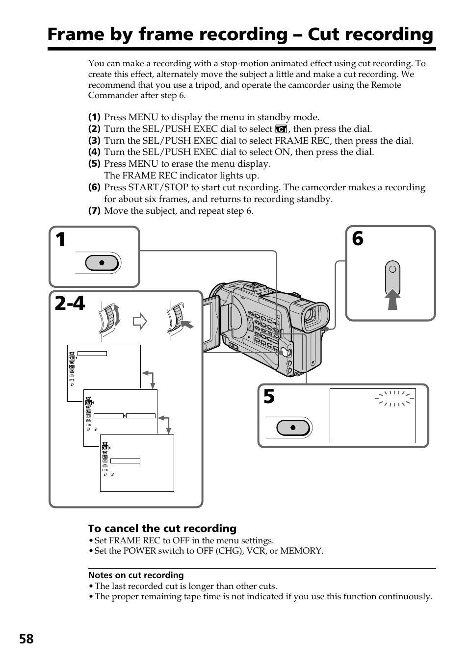 Frame by frame recording – cut recording | Sony DCR-TRV30 User Manual | Page 58 / 188