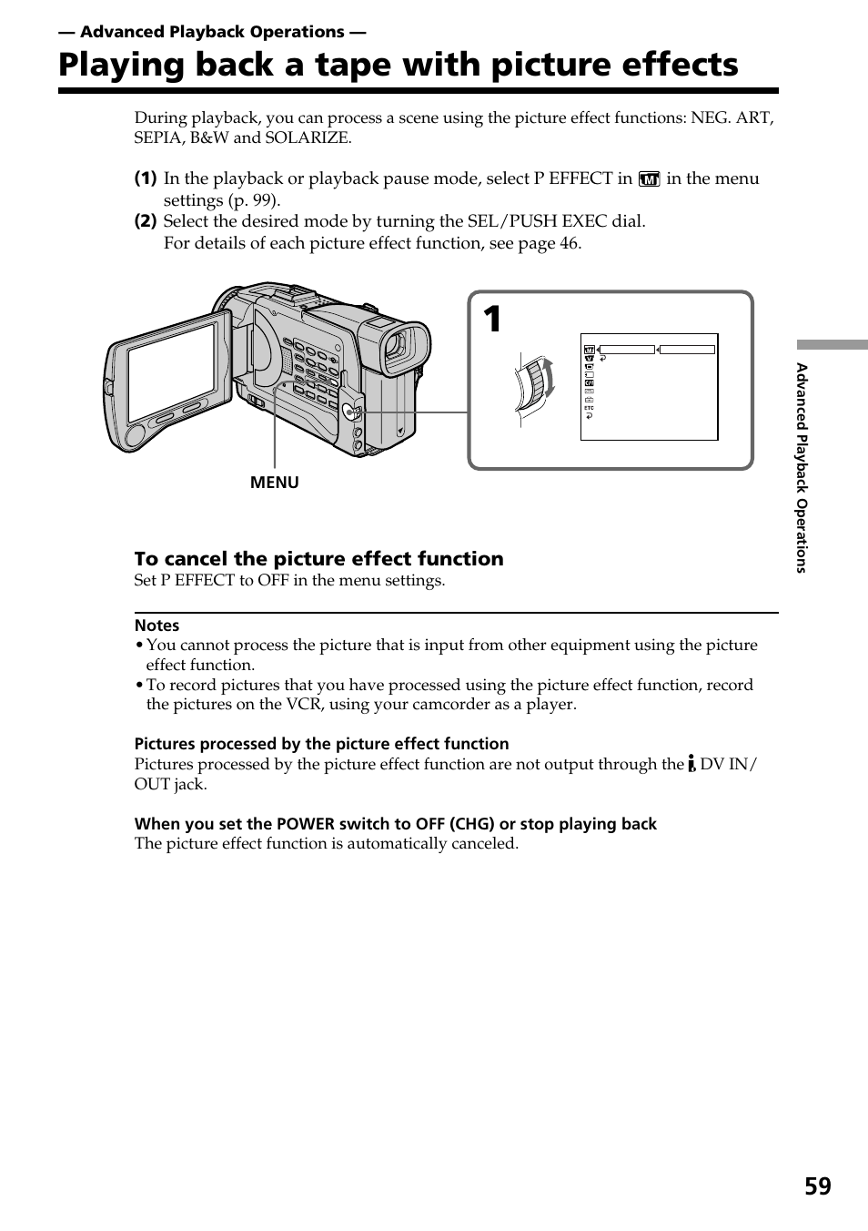 Playing back a tape with picture effects | Sony DCR-TRV30 User Manual | Page 59 / 188
