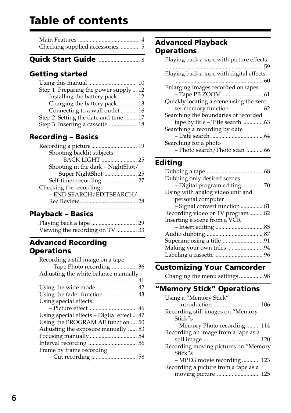 Sony DCR-TRV30 User Manual | Page 6 / 188