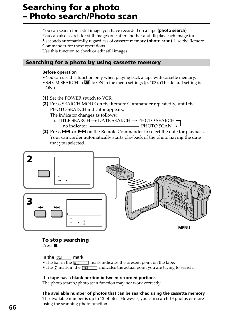 Searching for a photo – photo search/photo scan, Menu | Sony DCR-TRV30 User Manual | Page 66 / 188