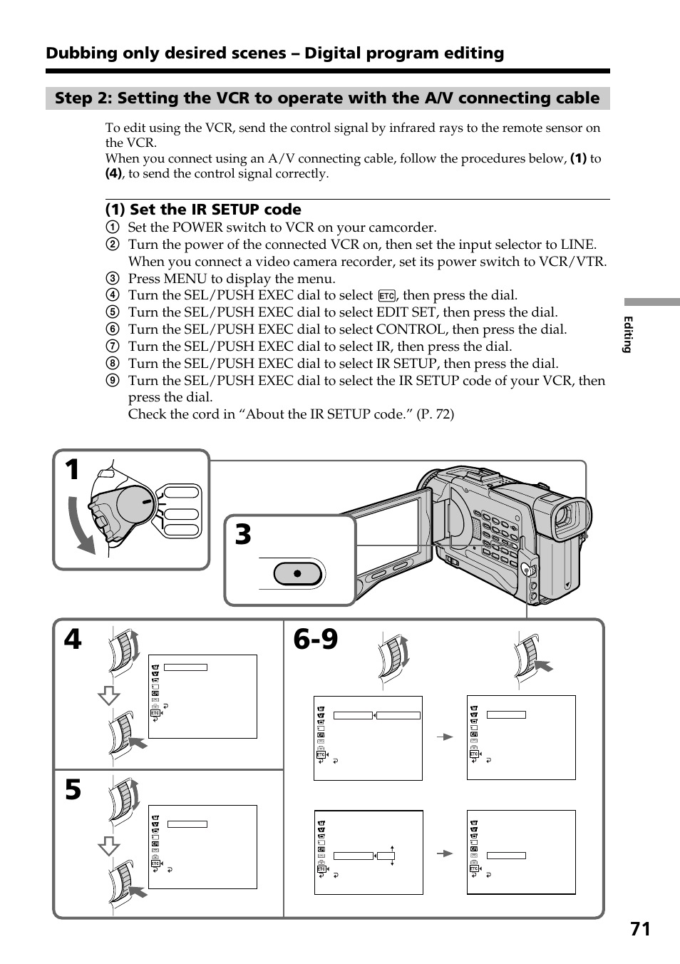 Menu, 1 ) set the ir setup code | Sony DCR-TRV30 User Manual | Page 71 / 188