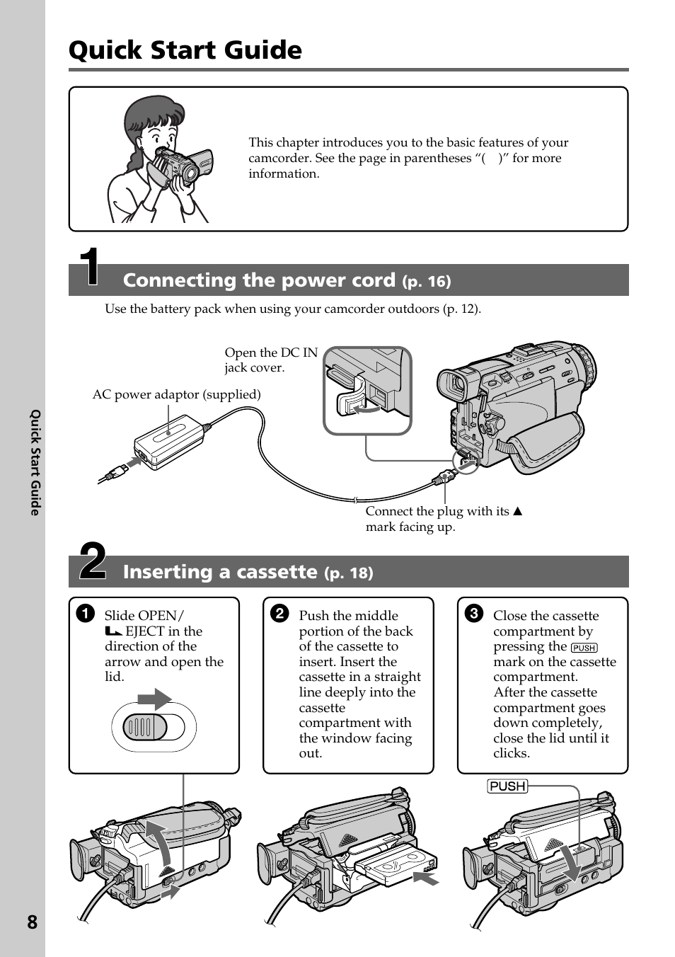 Quick start guide, Inserting a cassette, Connecting the power cord | Sony DCR-TRV30 User Manual | Page 8 / 188