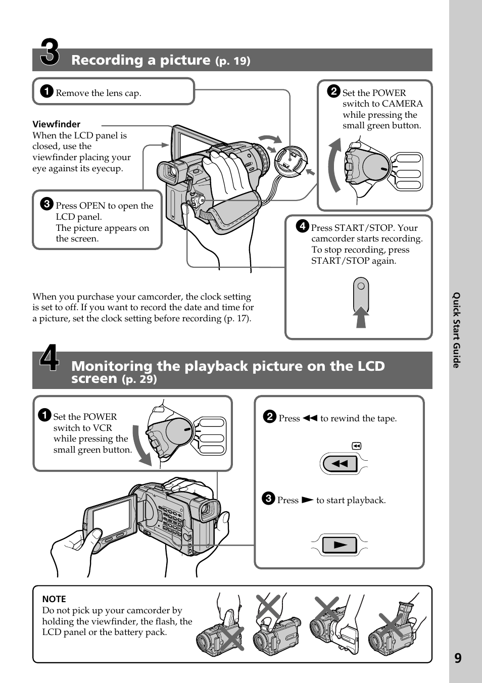 Recording a picture, Monitoring the playback picture on the lcd screen | Sony DCR-TRV30 User Manual | Page 9 / 188