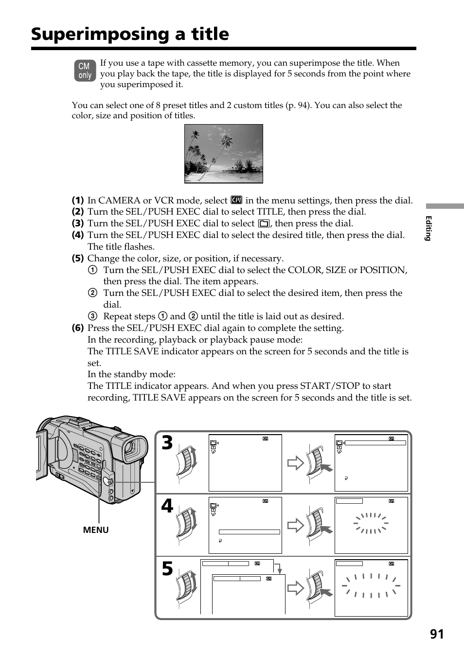 Superimposing a title | Sony DCR-TRV30 User Manual | Page 91 / 188