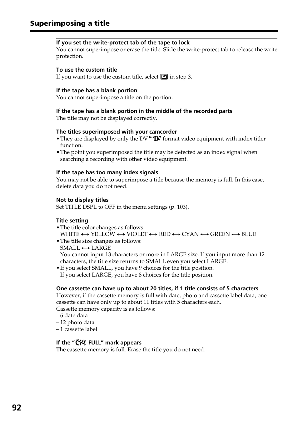 Superimposing a title | Sony DCR-TRV30 User Manual | Page 92 / 188