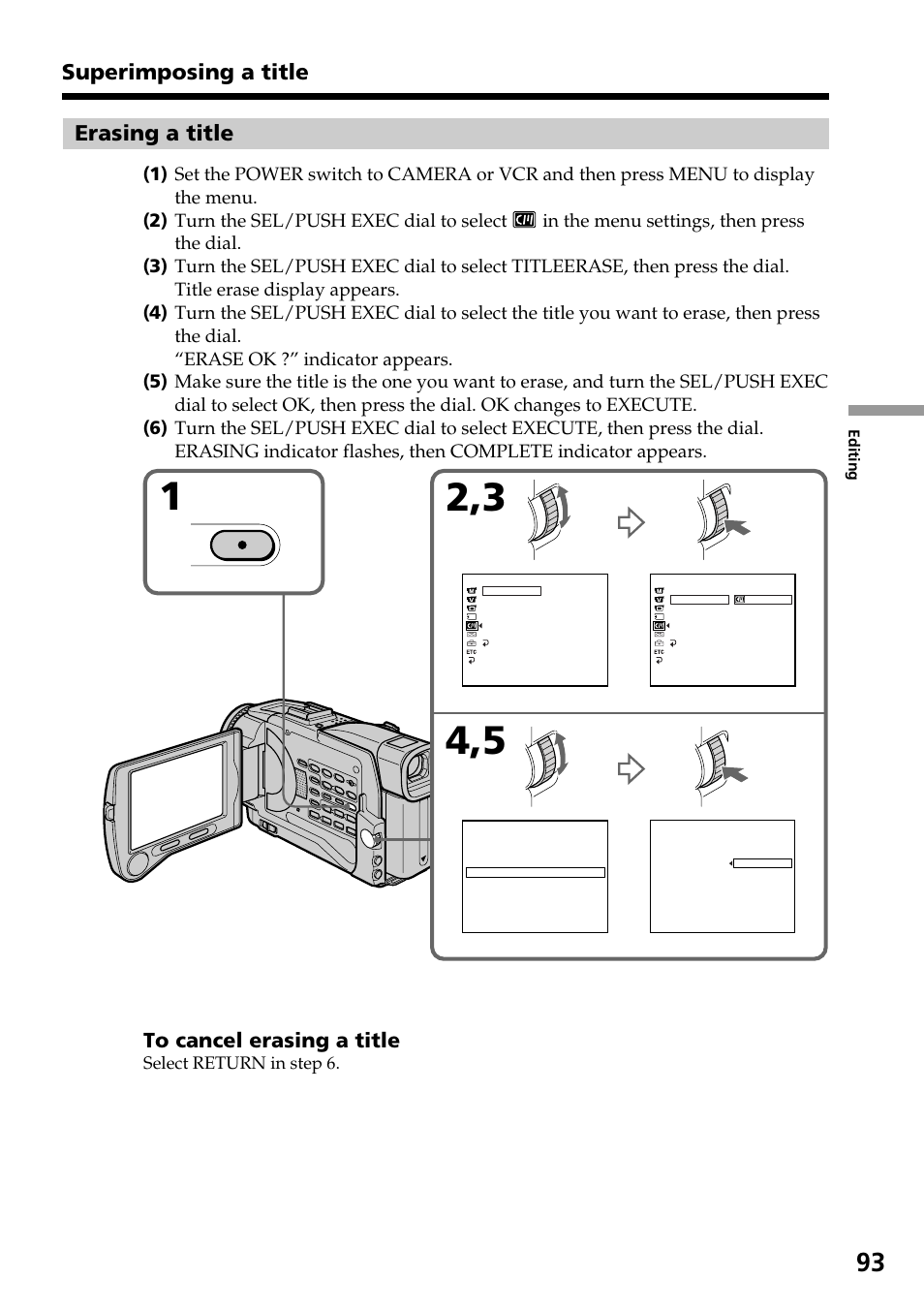 Erasing a title, Superimposing a title, Menu | Select return in step 6 | Sony DCR-TRV30 User Manual | Page 93 / 188