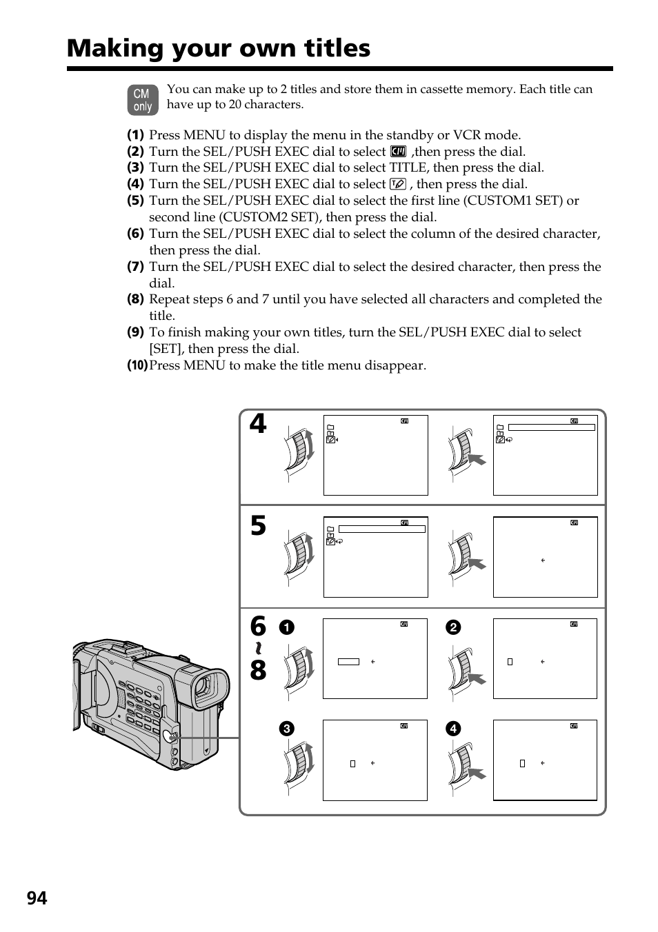 Making your own titles | Sony DCR-TRV30 User Manual | Page 94 / 188