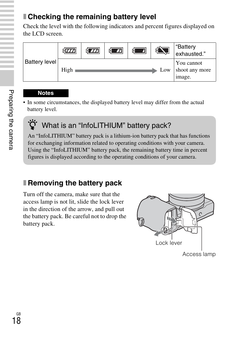 Xchecking the remaining battery level, Xremoving the battery pack, What is an “infolithium” battery pack | Sony NEX-5T User Manual | Page 18 / 104