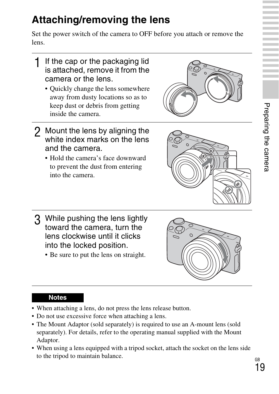 Attaching/removing the lens | Sony NEX-5T User Manual | Page 19 / 104