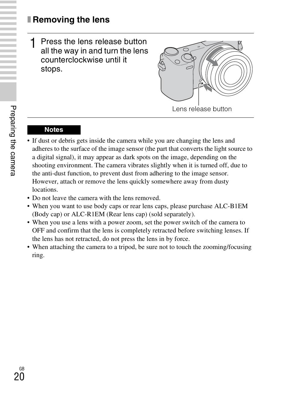 Ton (20), Xremoving the lens | Sony NEX-5T User Manual | Page 20 / 104
