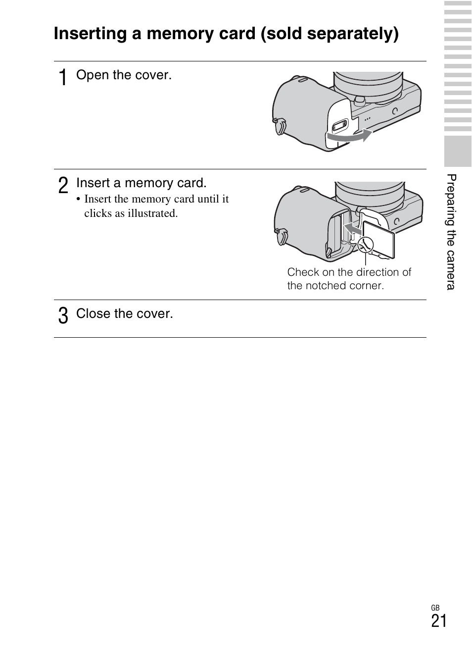 Inserting a memory card (sold separately) | Sony NEX-5T User Manual | Page 21 / 104