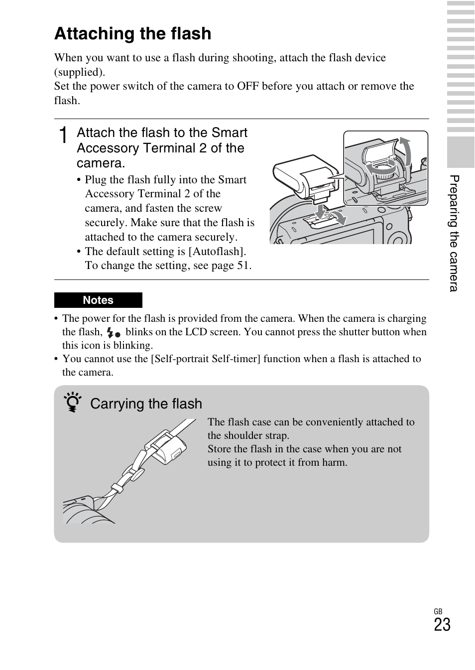 Attaching the flash, Carrying the flash | Sony NEX-5T User Manual | Page 23 / 104