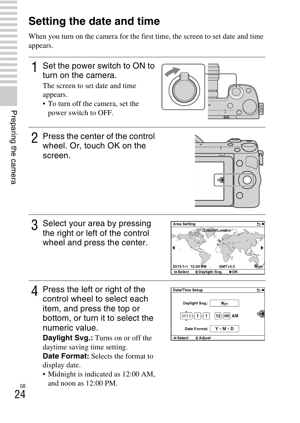 Setting the date and time | Sony NEX-5T User Manual | Page 24 / 104