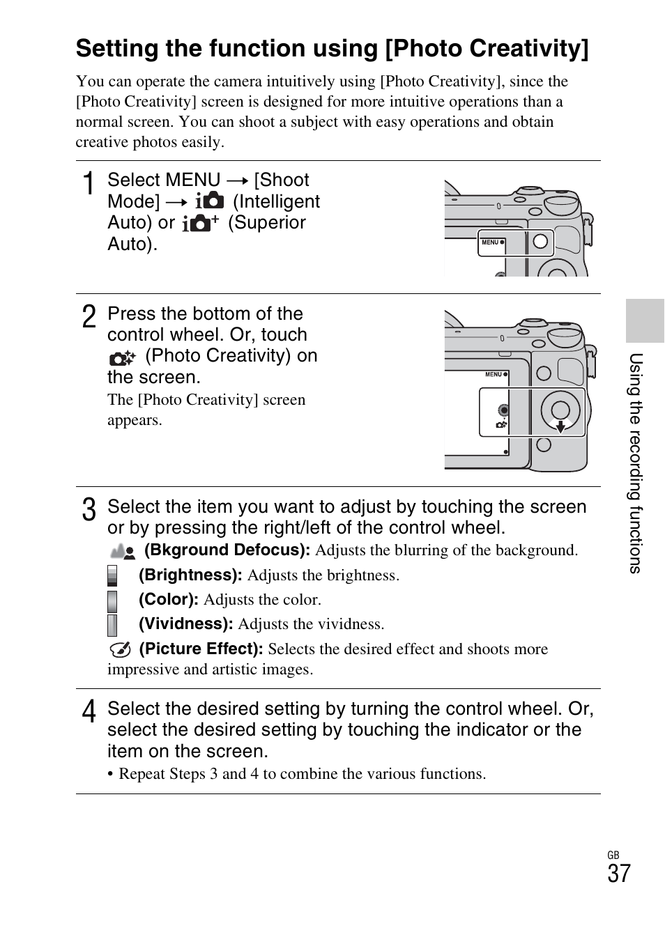 Using the recording functions, Setting the function using [photo creativity | Sony NEX-5T User Manual | Page 37 / 104