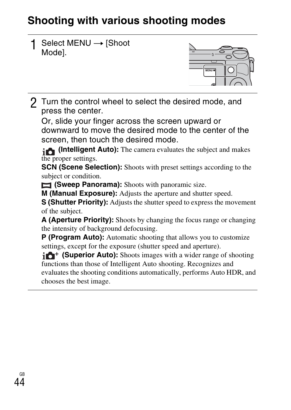 Shooting with various shooting modes, 44 shooting with various shooting modes | Sony NEX-5T User Manual | Page 44 / 104