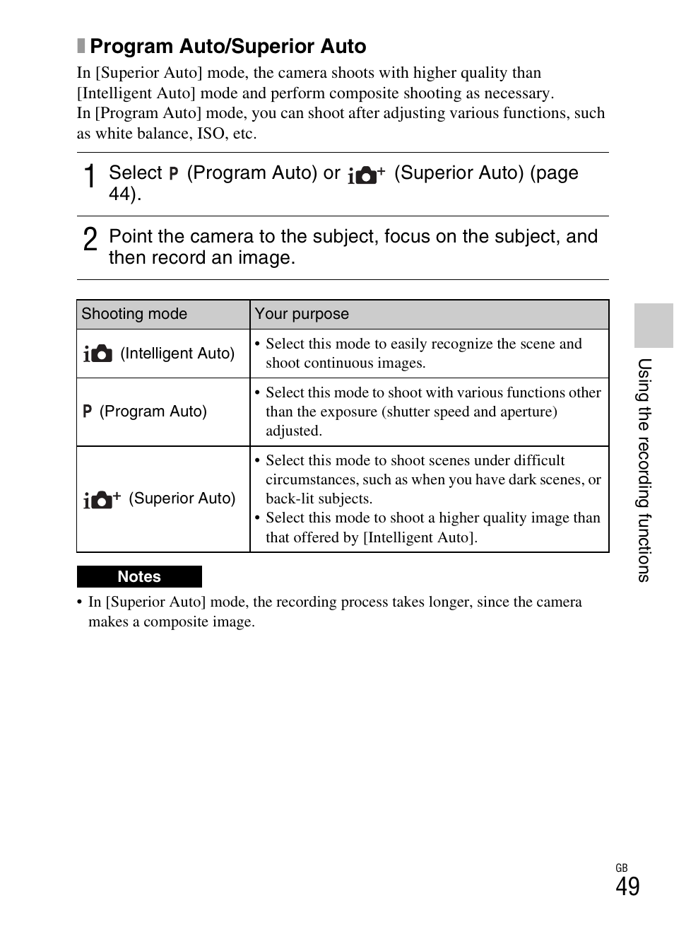 Xprogram auto/superior auto | Sony NEX-5T User Manual | Page 49 / 104