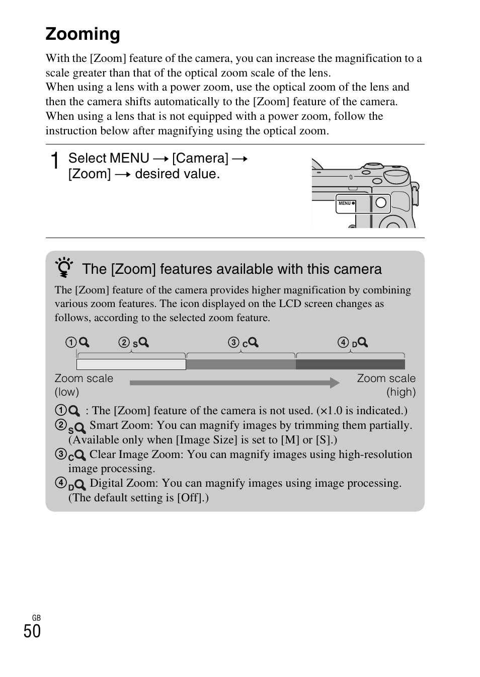 Zooming, 50 zooming | Sony NEX-5T User Manual | Page 50 / 104