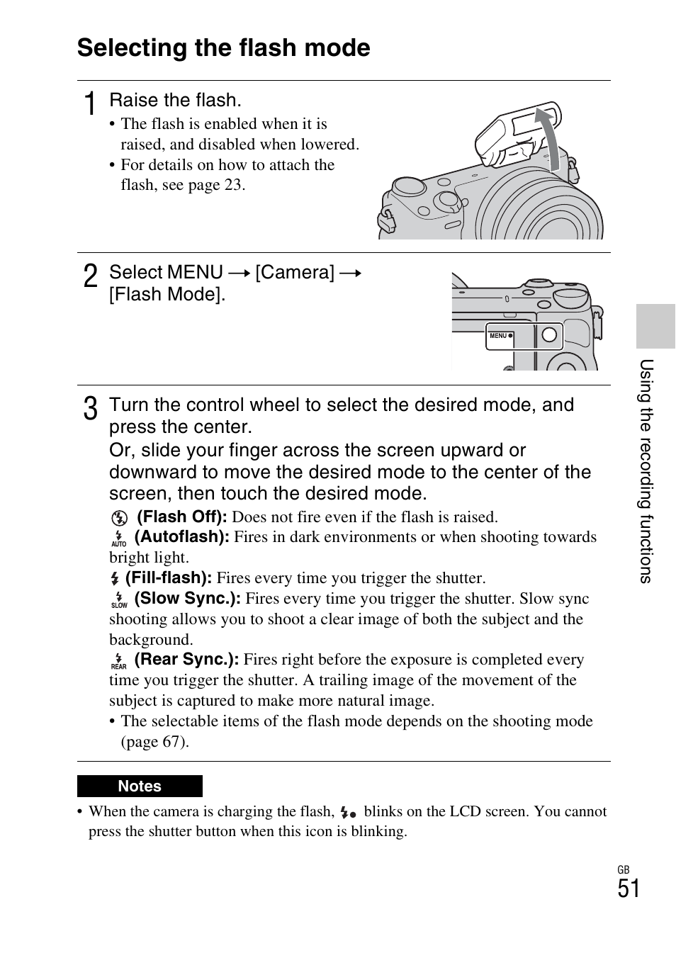 Selecting the flash mode | Sony NEX-5T User Manual | Page 51 / 104