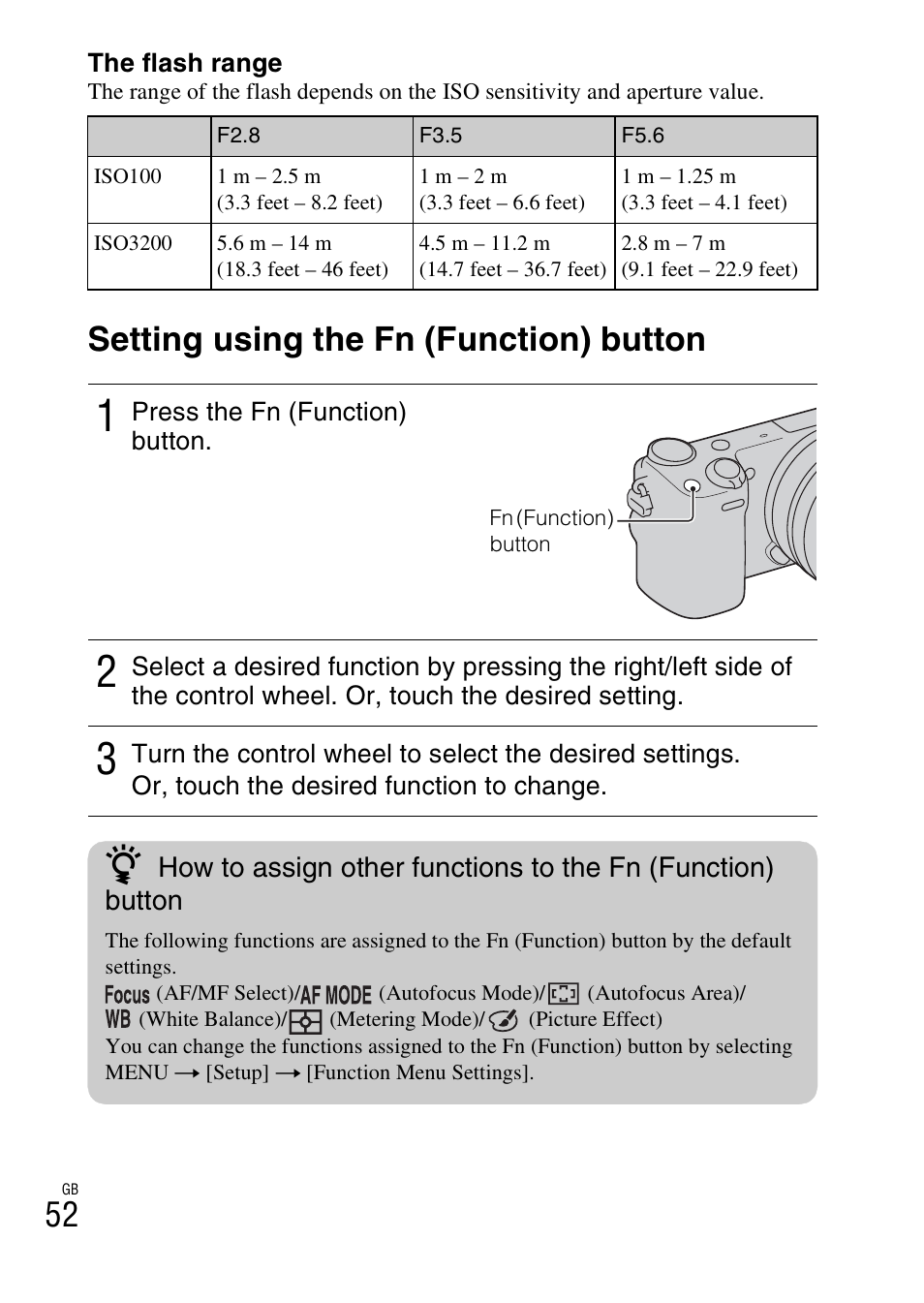 Setting using the fn (function) button | Sony NEX-5T User Manual | Page 52 / 104