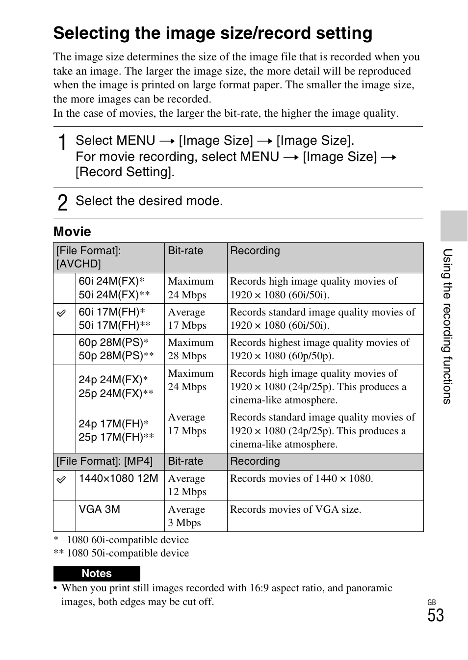Selecting the image size/record setting | Sony NEX-5T User Manual | Page 53 / 104