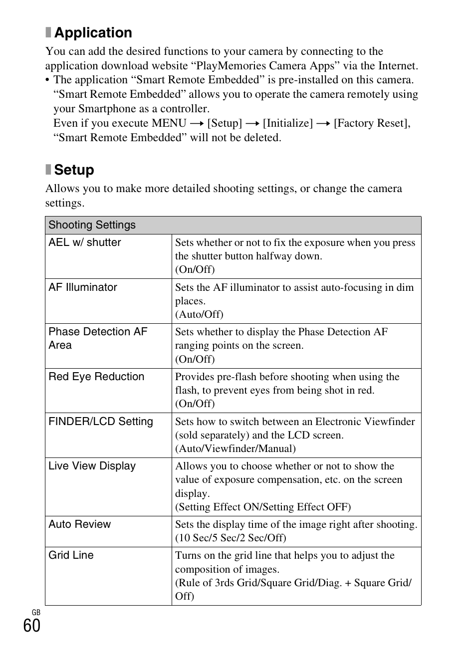 Xapplication, Xsetup | Sony NEX-5T User Manual | Page 60 / 104