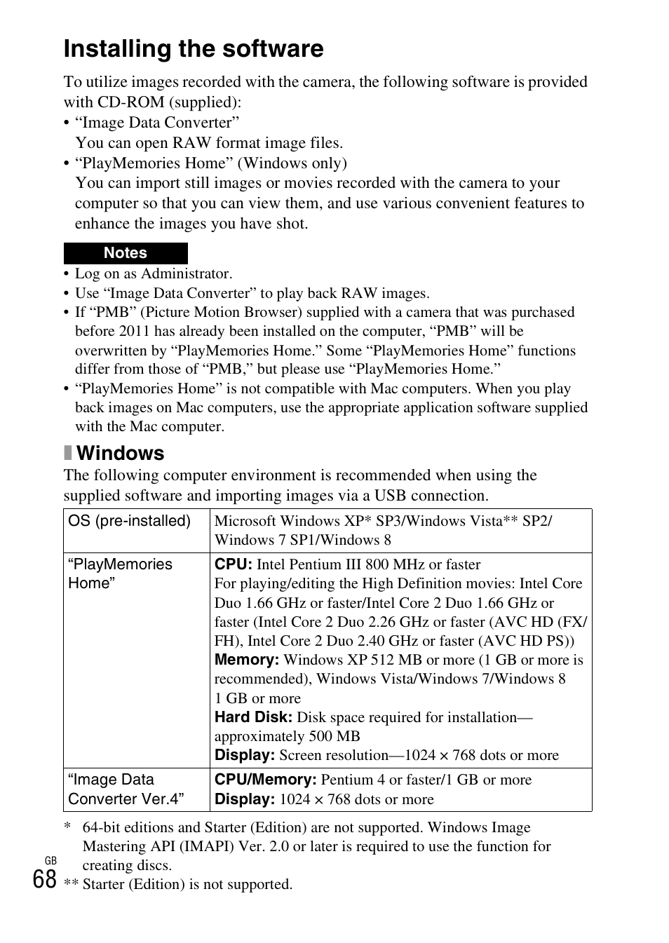 Importing images to the computer, Installing the software, Xwindows | Sony NEX-5T User Manual | Page 68 / 104