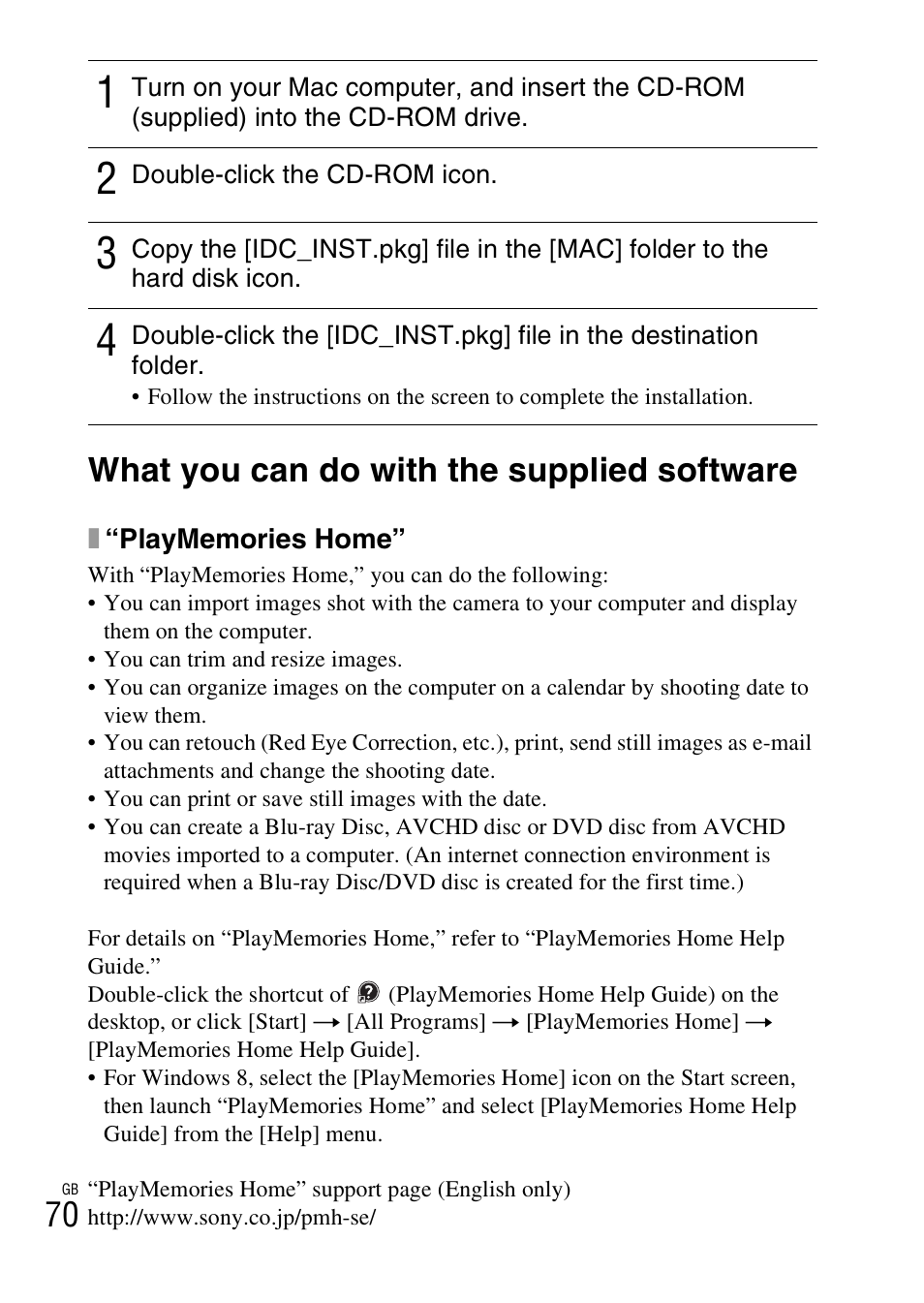 What you can do with the supplied software, 70 what you can do with the supplied software | Sony NEX-5T User Manual | Page 70 / 104