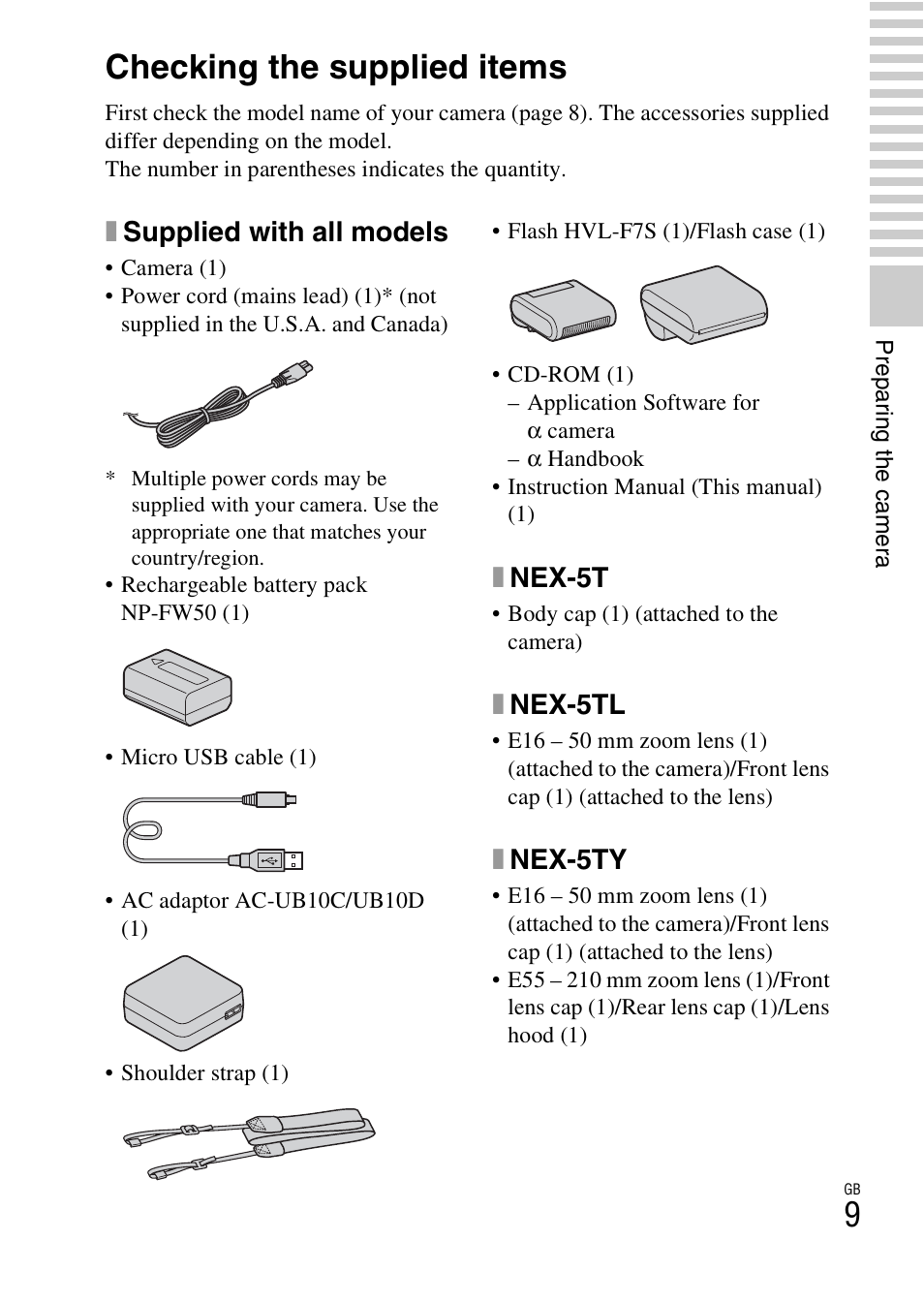 Preparing the camera, Checking the supplied items, Xsupplied with all models | Xnex-5t, Xnex-5tl, Xnex-5ty | Sony NEX-5T User Manual | Page 9 / 104