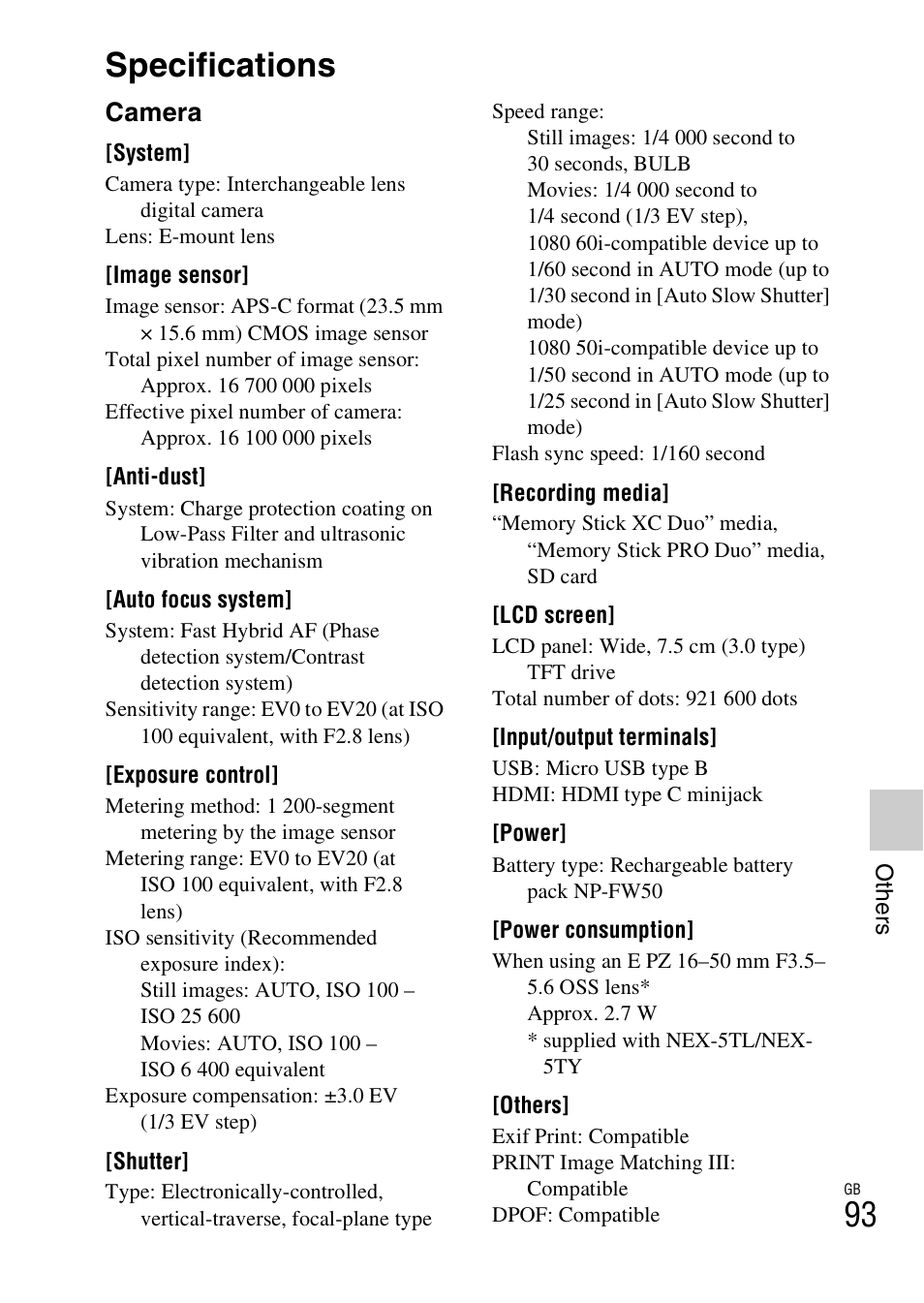 Specifications, Camera | Sony NEX-5T User Manual | Page 93 / 104