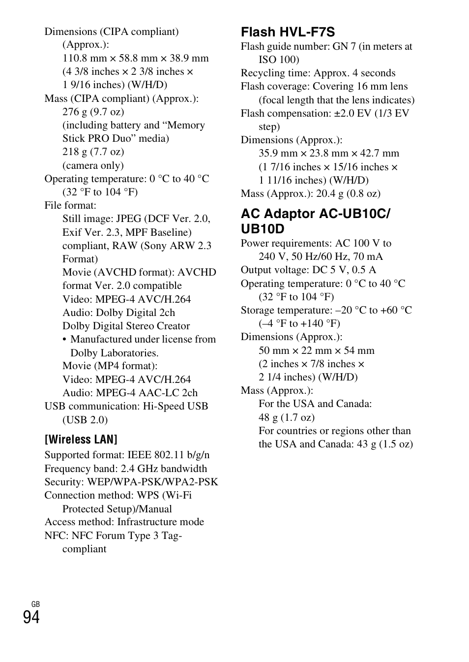 Flash hvl-f7s, Ac adaptor ac-ub10c/ ub10d | Sony NEX-5T User Manual | Page 94 / 104