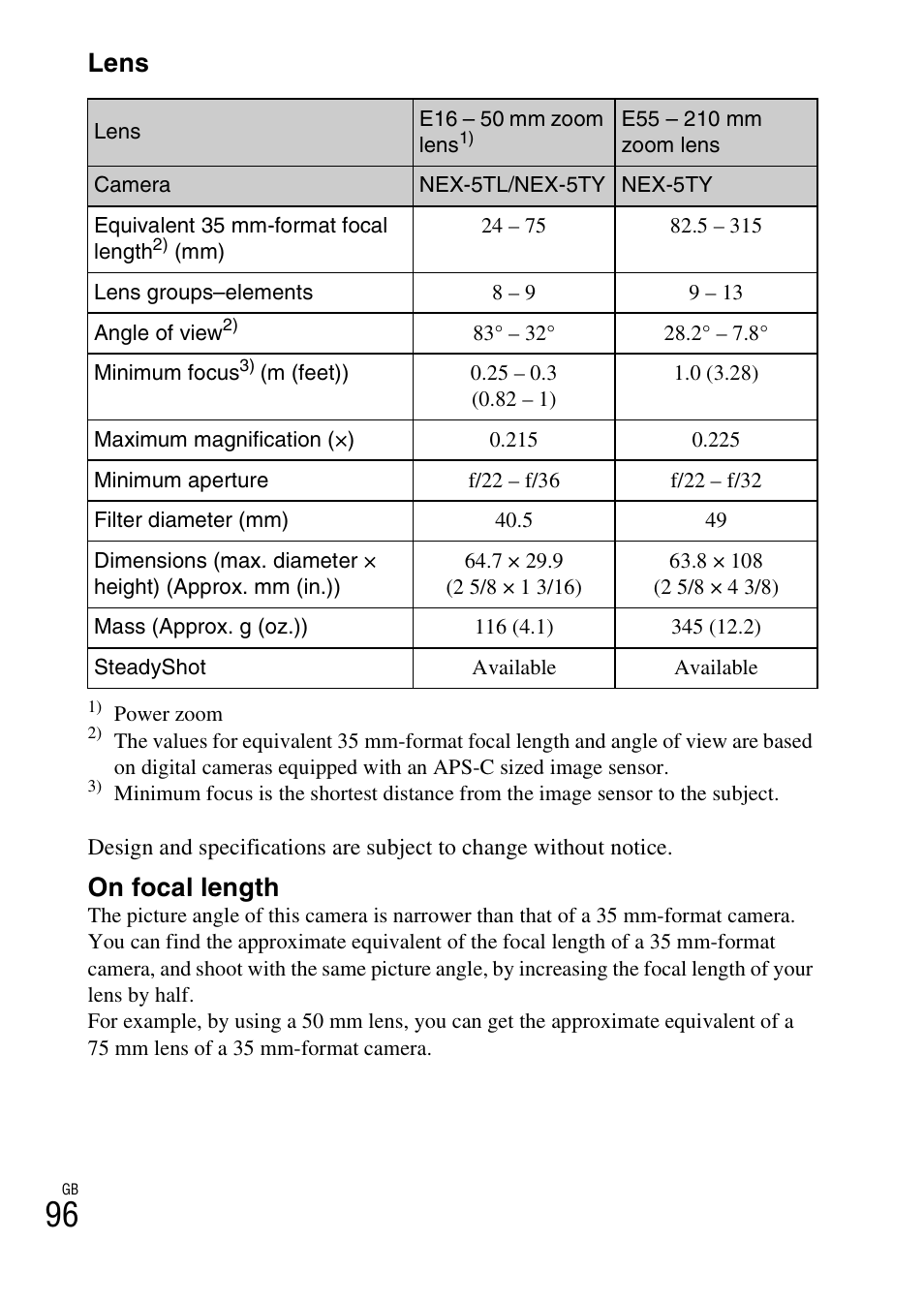 Lens, On focal length | Sony NEX-5T User Manual | Page 96 / 104