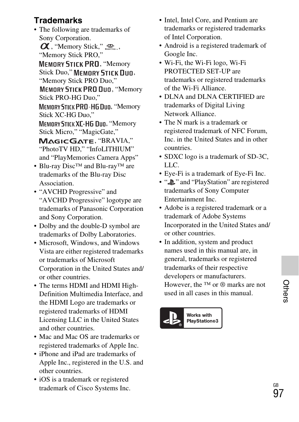 Trademarks | Sony NEX-5T User Manual | Page 97 / 104