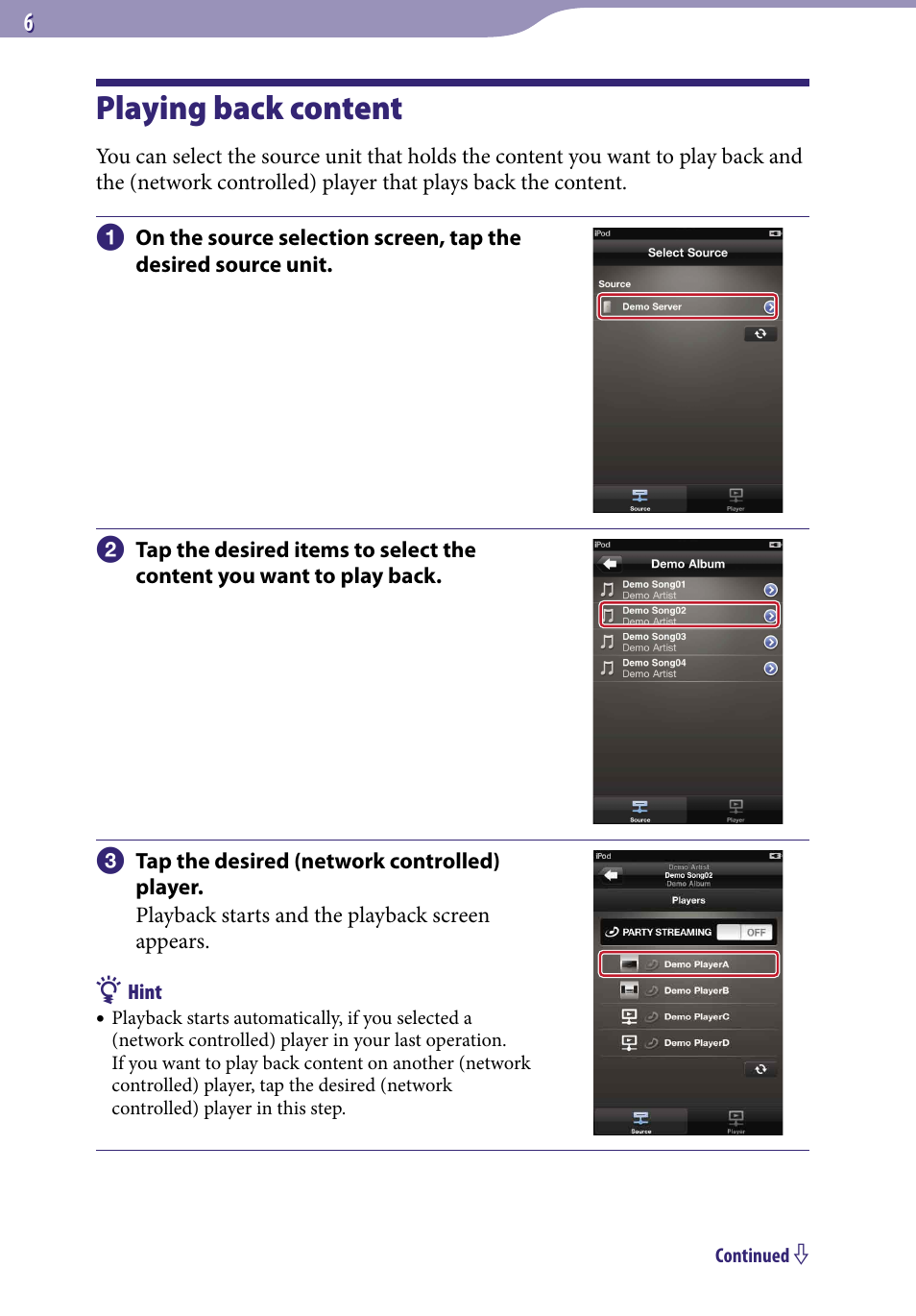 Playing back content | Sony NAC-SV10I User Manual | Page 6 / 11