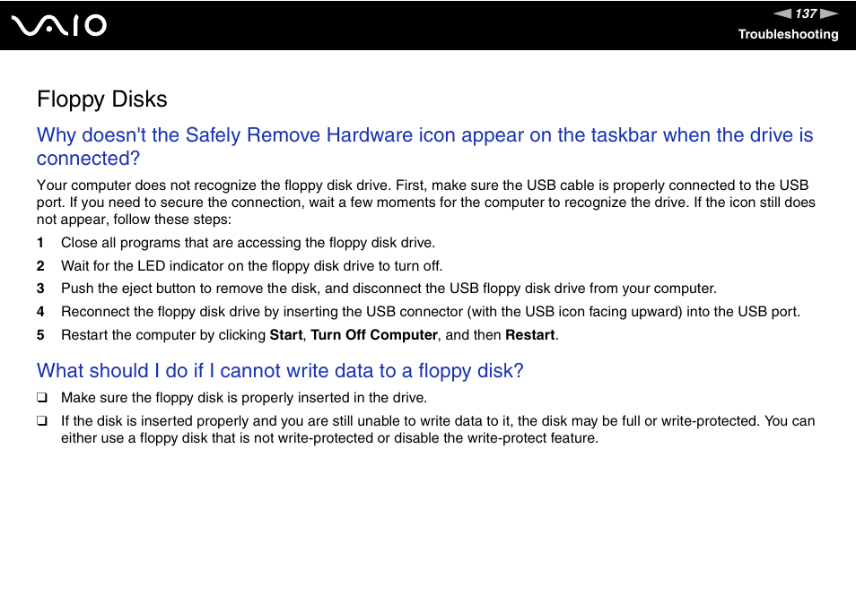 Floppy disks | Sony VGN-N170G User Manual | Page 137 / 160