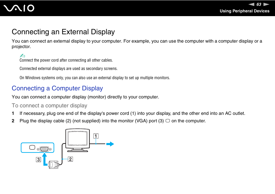 Connecting an external display, Connecting a computer display | Sony VGN-N170G User Manual | Page 63 / 160