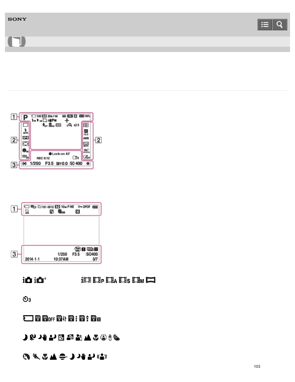 List of icons on the screen, Help guide | Sony ILCE-5000 User Manual | Page 103 / 406