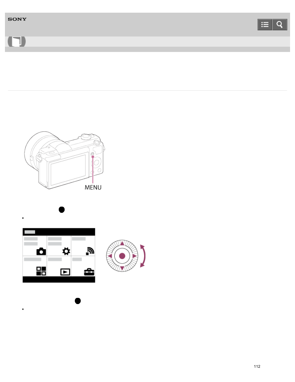 Using menu items, Help guide | Sony ILCE-5000 User Manual | Page 112 / 406