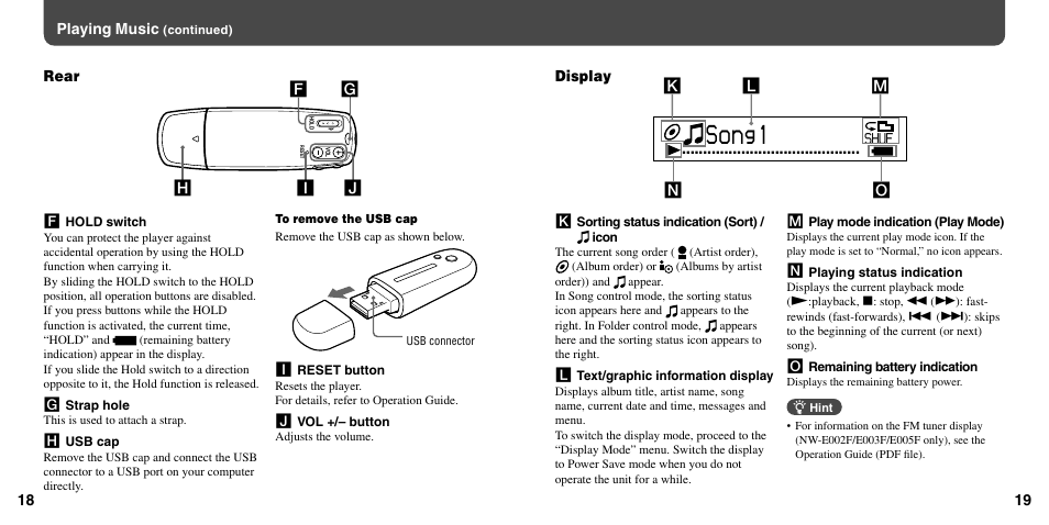 Song1, Playing music, Rear | Display | Sony NW-E003F User Manual | Page 10 / 11