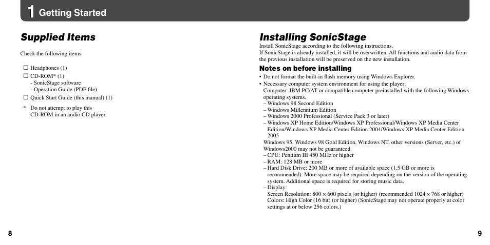Getting started, Supplied items, Installing sonicstage | Sony NW-E003F User Manual | Page 5 / 11