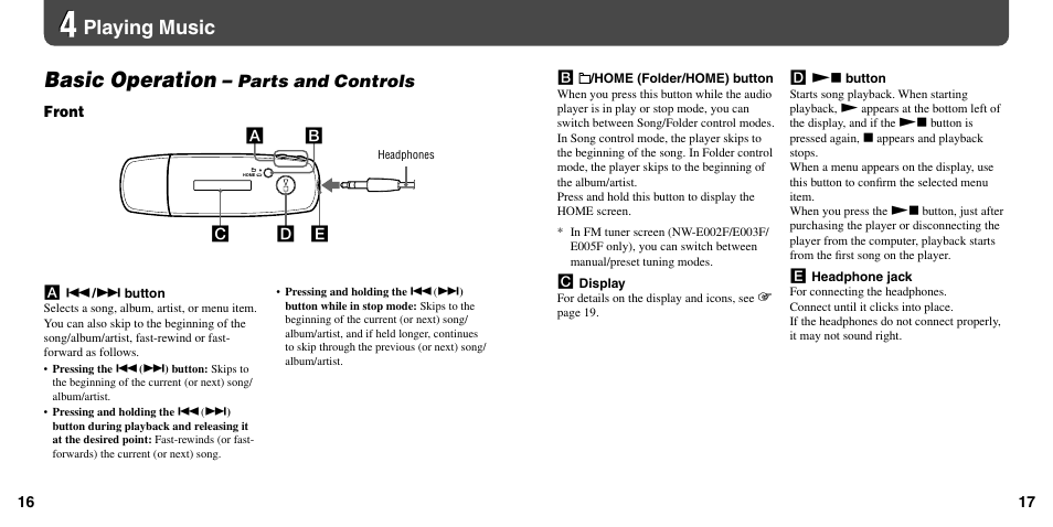 Playing music, Basic operation – parts and controls, Basic operation | Parts and controls | Sony NW-E003F User Manual | Page 9 / 11