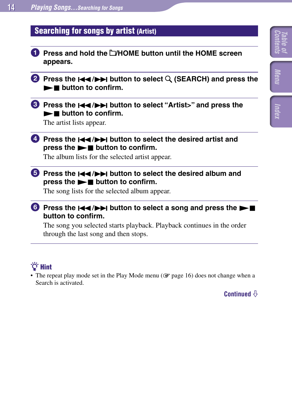 Searching for songs by artist (artist), Searching for songs by artist, Artist) | Artist | Sony NW-E002F User Manual | Page 14 / 80