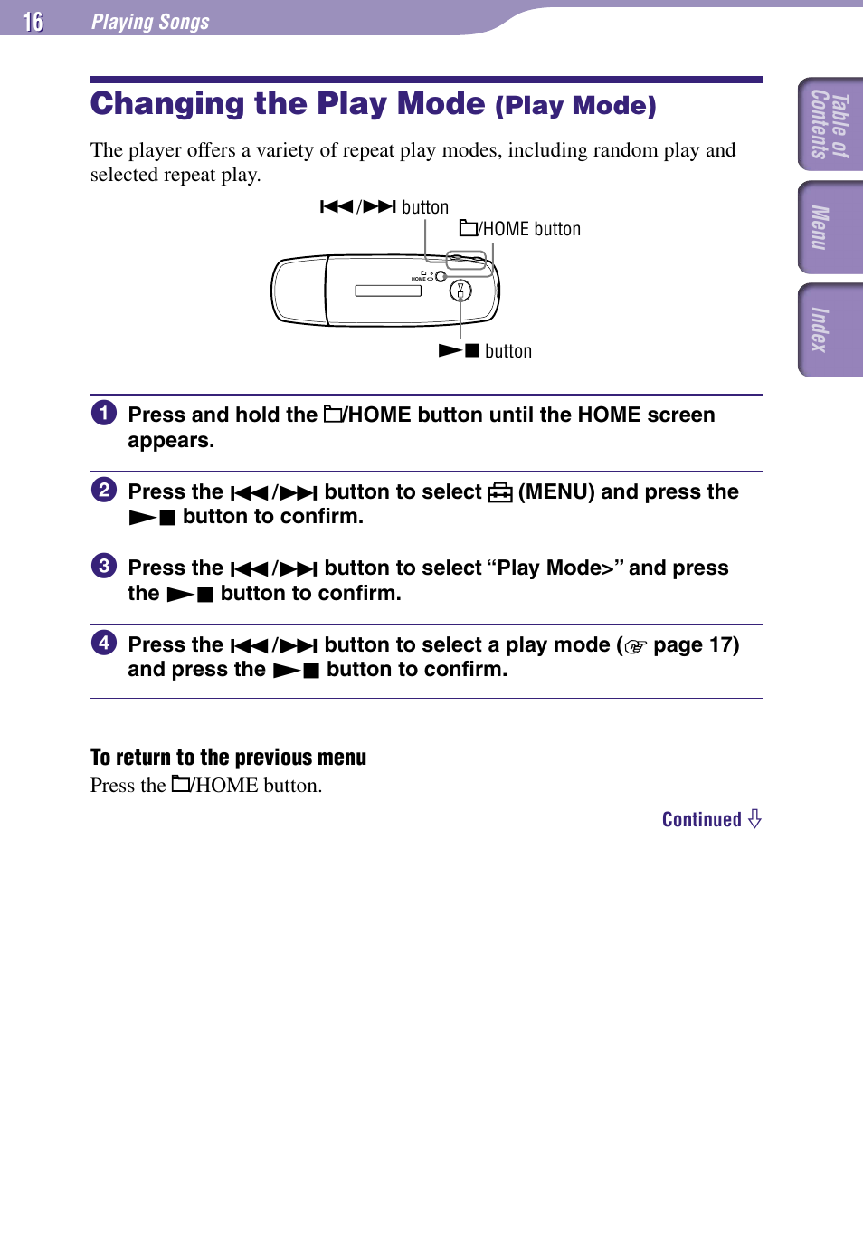 Changing the play mode (play mode), Changing the play mode, Play mode) | Play mode | Sony NW-E002F User Manual | Page 16 / 80