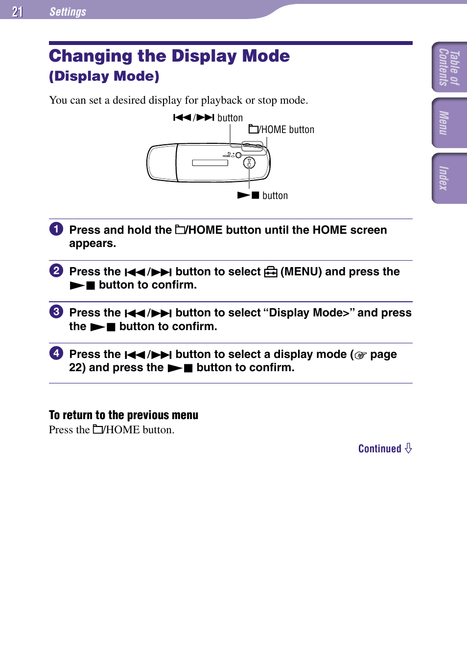 Changing the display mode (display mode), Changing the display mode, Display mode) | Display mode, To the “display mode” menu | Sony NW-E002F User Manual | Page 21 / 80